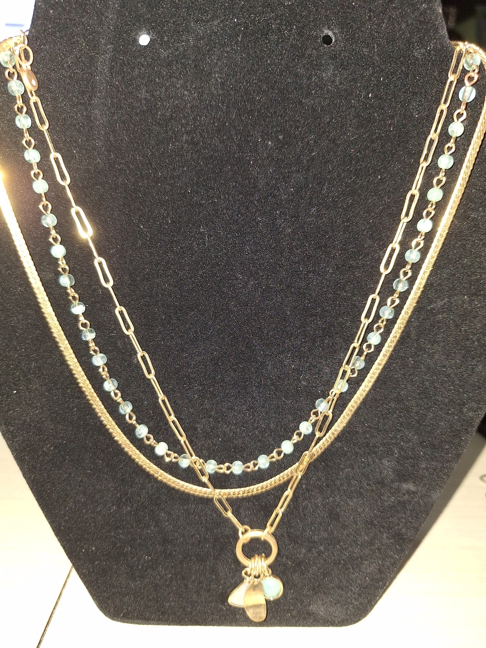 Gold Multi-Strand Layered Necklace with Aqua Beads